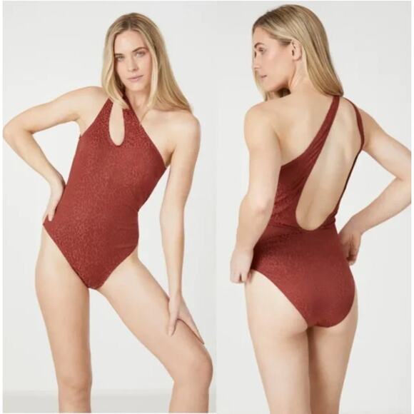 BCBGMAXAZRIA Swimsuit Paprika Rust Leopard Animal Print One Shoulder Swimsuit 12 - Picture 1 of 7